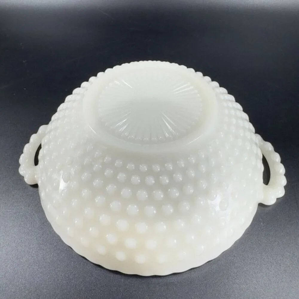 Anchor Hocking French Ivory Hobnail Bowl Dish With Handles‎ Glass Set 2 Vintage